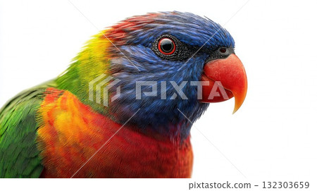 Vibrant rainbow lorikeet parrot closeup portrait showing colorful plumage and orange beak on white background Vibrant rainbow lorikeet parrot closeup portrait showing colorful plumage and orange beak on white background 132303659
