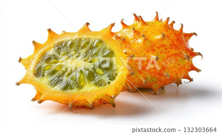 Exotic horned melon or kiwano fruit cut in half showing bright green jelly interior with seeds on white background Exotic horned melon or kiwano fruit cut in half showing bright green jelly interior with seeds on white background 132303664