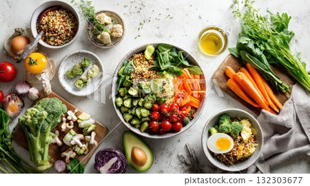 Healthy vegetarian buddha bowl with quinoa, fresh vegetables, avocado, and raw ingredients for meal prep on white kitchen countertop. Clean eating concept with colorful produce and cooking essentials 132303677