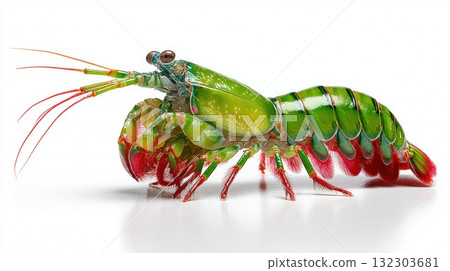 Vibrant green mantis shrimp with red accents isolated on white background showing detailed colorful exoskeleton and anatomical features Vibrant green mantis shrimp with red accents isolated on white background showing detailed colorful exoskeleton and anatomical features 132303681