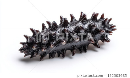 Black sea cucumber with spiky textured skin and rows of pointed protrusions isolated on white background showing detailed surface pattern Black sea cucumber with spiky textured skin and rows of pointed protrusions isolated on white background showing detailed surface pattern 132303685