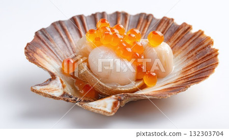 Fresh scallop meat with orange roe spheres presented in natural ridged shell on white background for culinary and seafood marketing Fresh scallop meat with orange roe spheres presented in natural ridged shell on white background for culinary and seafood marketing 132303704