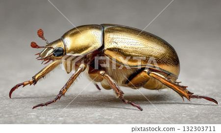 Golden beetle with metallic sheen and detailed anatomy, macro photography showing insect exoskeleton and legs on gray surface 132303711