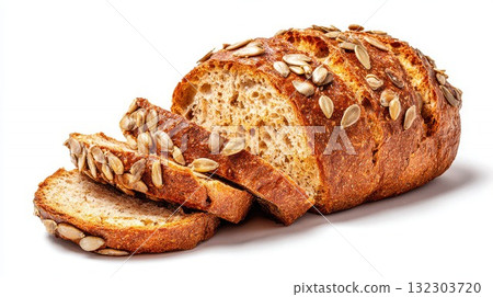 Artisan sunflower seed bread loaf sliced on white background, showcasing golden crust and airy crumb texture for bakery marketing 132303720