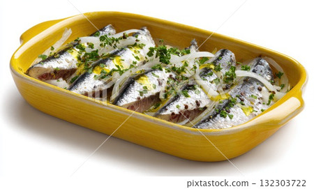 Fresh sardines with herbs, onions, and olive oil in yellow ceramic dish, traditional Mediterranean seafood recipe ready for baking or grilling preparation Fresh sardines with herbs, onions, and olive oil in yellow ceramic dish, traditional Mediterranean seafood recipe ready for baking or grilling preparation 132303722