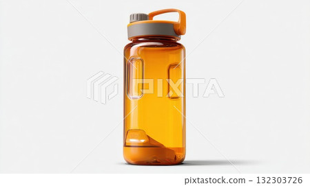 Transparent orange sports water bottle with gray screw cap and handle design against white background, perfect for active lifestyle hydration Transparent orange sports water bottle with gray screw cap and handle design against white background, perfect for active lifestyle hydration 132303726
