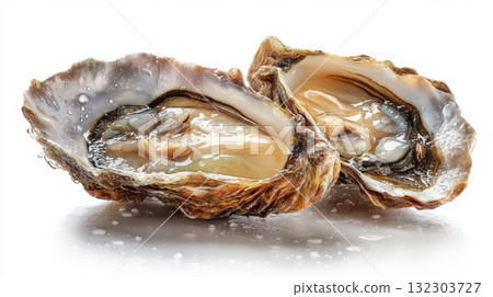 Fresh raw oysters on half shell with natural brine. Premium seafood delicacy isolated on white background, glistening texture with water droplets for gourmet dining experience 132303727