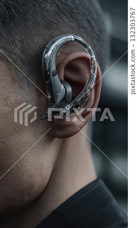 Futuristic transparent hearing aid device with metallic components wrapping around human ear showcasing advanced wearable technology design 132303767