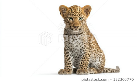 Adorable leopard cub sitting upright on white background with spotted fur pattern and piercing green eyes, perfect isolated studio portrait for wildlife conservation awareness Adorable leopard cub sitting upright on white background with spotted fur pattern and piercing green eyes, perfect isolated studio portrait for wildlife conservation awareness 132303770