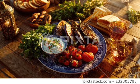 Golden hour Middle Eastern feast with grilled eggplants, cherry tomatoes, yogurt dip, fresh herbs, and traditional tea glasses on rustic wooden table. Authentic Mediterranean cuisine Golden hour Middle Eastern feast with grilled eggplants, cherry tomatoes, yogurt dip, fresh herbs, and traditional tea glasses on rustic wooden table. Authentic Mediterranean cuisine 132303793