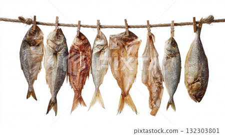 Dried fish hanging on rope with wooden clothespins against white background, traditional food preservation method displaying variety of salted seafood 132303801