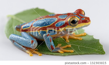 Vibrant red and blue poison dart frog with yellow accents perched on green leaf against white background. Colorful tropical amphibian with detailed texture and prominent eyes Vibrant red and blue poison dart frog with yellow accents perched on green leaf against white background. Colorful tropical amphibian with detailed texture and prominent eyes 132303815