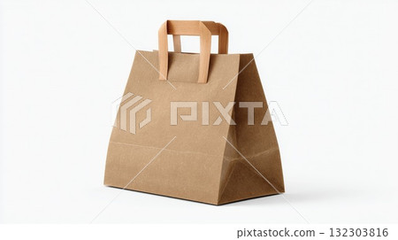 Brown kraft paper shopping bag with flat handles on white background. Eco-friendly recyclable retail packaging for takeout food and merchandise with minimalist sustainable design Brown kraft paper shopping bag with flat handles on white background. Eco-friendly recyclable retail packaging for takeout food and merchandise with minimalist sustainable design 132303816