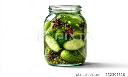 Glass jar filled with pickled cucumbers, dill, star anise and spices in green brine on white background. Homemade preserved vegetables with traditional fermentation ingredients and aromatic herbs Glass jar filled with pickled cucumbers, dill, star anise and spices in green brine on white background. Homemade preserved vegetables with traditional fermentation ingredients and aromatic herbs 132303818