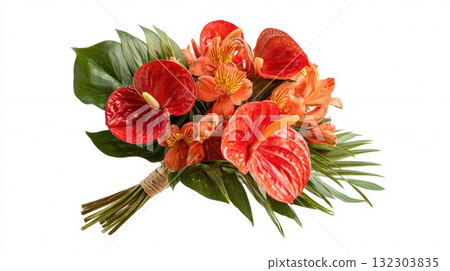 Tropical bouquet with red anthurium flowers, orange alstroemeria, and lush palm leaves tied with natural twine on white background 132303835