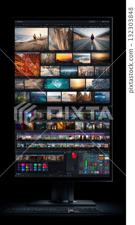 Professional video editing workstation displaying travel footage and nature photography in timeline software with color grading tools on large monitor 132303848