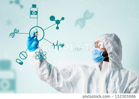 Scientist in protective gear examines a vial with research symbols in a lab setting Scientist in protective gear examines a vial with research symbols in a lab setting 132303886