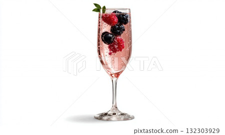 Sparkling rose champagne cocktail with fresh blackberries, raspberries, and mint garnish in elegant flute glass on white background 132303929