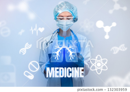 Healthcare professional in a lab coat and mask holding a tablet with medical symbols 132303959