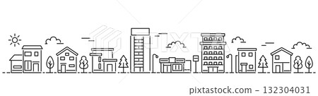 細線城市景觀插圖（橫幅尺寸，白色背景） 132304031