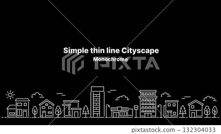 Thin line cityscape illustration (wide, black background) 132304033
