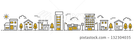 Thin line cityscape illustration with yellow accents (banner size, white background) Thin line cityscape illustration with yellow accents (banner size, white background) 132304035