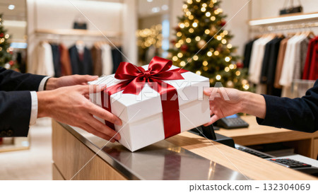 Hands exchanging a beautifully wrapped gift box with a red ribbon at a retail counter, surrounded by festive holiday decorations and atmosphere 132304069
