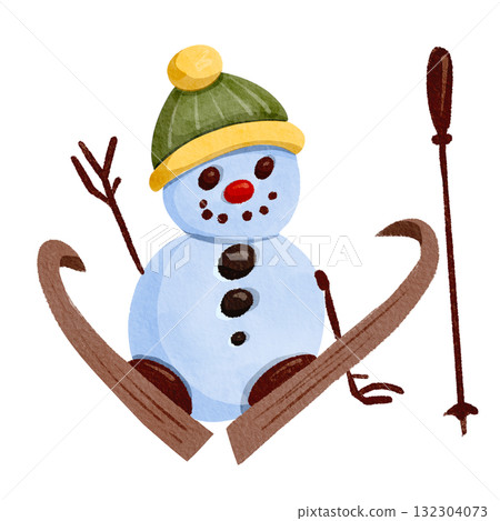 Funny snowman skier in a green hat. Hand-drawn watercolor illustration. 132304073