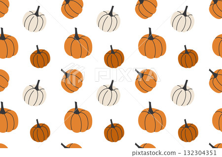 Seamless pattern with pumpkins, flat cartoon vector illustration for autumn, Halloween and harvest design, cozy seasonal decoration, festive fabric and decorative elements 132304351