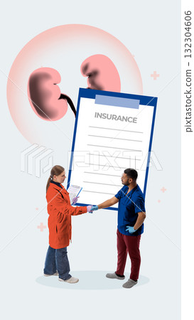 Graphic collage. Medical professionals shaking hands near kidneys and insurance form representing health coverage agreement Graphic collage. Medical professionals shaking hands near kidneys and insurance form representing health coverage agreement 132304606