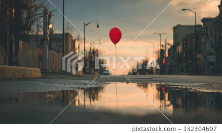 Red Balloon on Quiet City Street at Sunset, Reflected in a Puddle, Glowing Light 132304607
