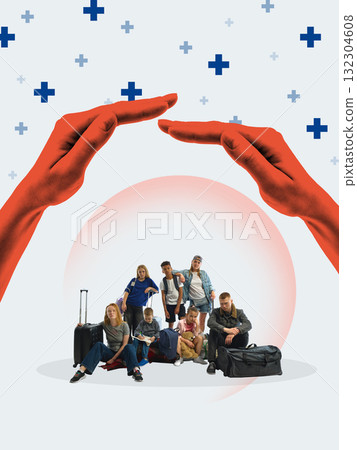 Trendy collage. Group of travelers protected by large hands symbolizing travel and health insurance safety 132304608
