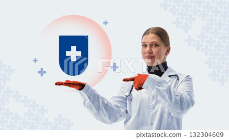 Creative collage. Confident doctor presenting shield with medical cross as symbol of health insurance protection 132304609