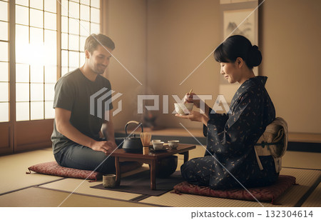 Man and woman drinking tea 132304614
