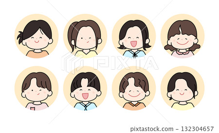 可愛的男性和女性面部插圖集、積極的面部表情、微笑的人物、用戶圖標 132304657