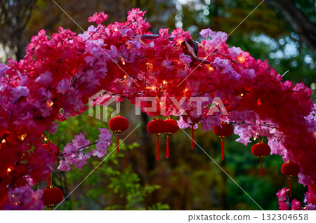 Close-up of the Chinese traditional red lantern decor with artificial peach blossom flower in outdoors. Festive decoration and celebration. Chinese New Year decoration. For background use. 132304658