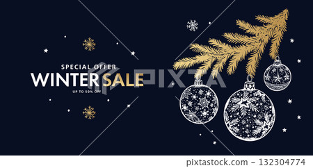 Winter sale, Christmas tree and star set on black, Hand drawn illustration.	 132304774