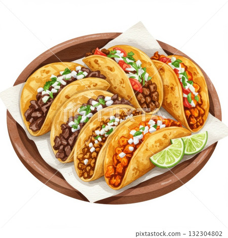 Assorted Tacos on a Rustic Plate 132304802