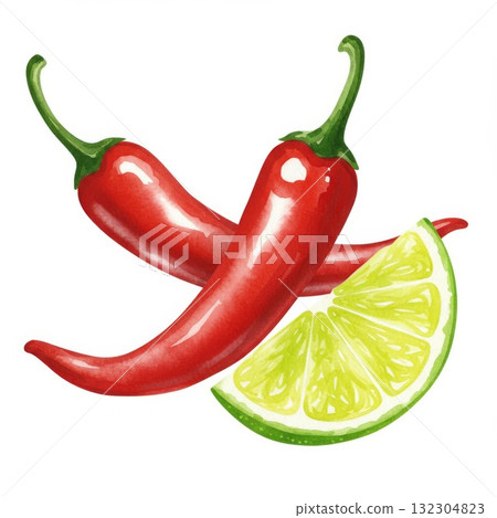 Red Chili Peppers and Lime Watercolor Illustration Red Chili Peppers and Lime Watercolor Illustration 132304823