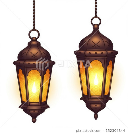 Two Ornate Brown Hanging Lanterns with Warm Golden Glow 132304844