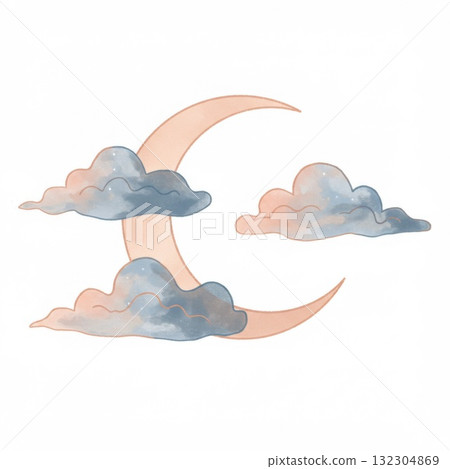 Pastel Crescent Moon and Clouds Watercolor Illustration 132304869