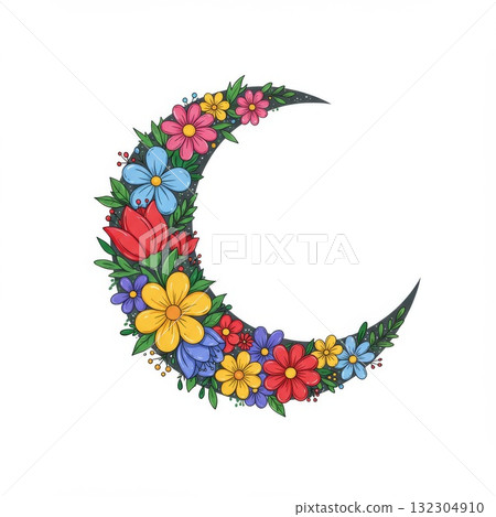 Colorful Floral Crescent Moon Illustration 132304910