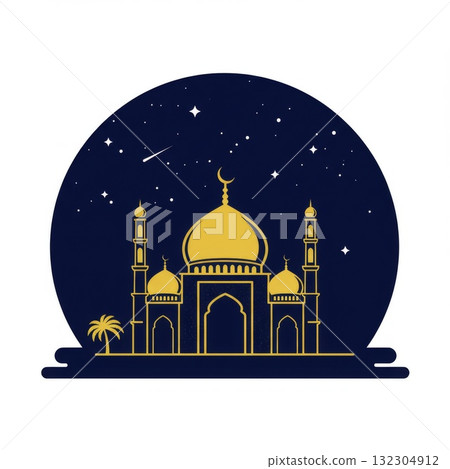 Golden Mosque at Night Under Starry Sky Golden Mosque at Night Under Starry Sky 132304912