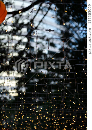 Close-up of the outdoor starry solar string lights. Festive decoration. For background use. Close-up of the outdoor starry solar string lights. Festive decoration. For background use. 132305009