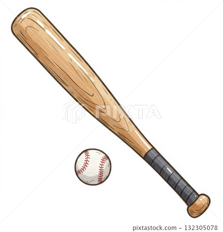 Wooden Baseball Bat and Ball Illustration Wooden Baseball Bat and Ball Illustration 132305078