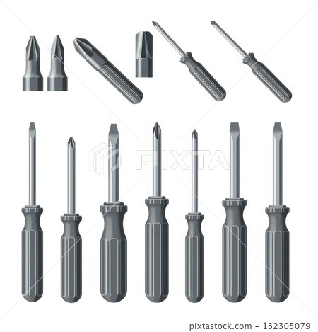 Assorted Grey Screwdrivers Set on White Background Assorted Grey Screwdrivers Set on White Background 132305079