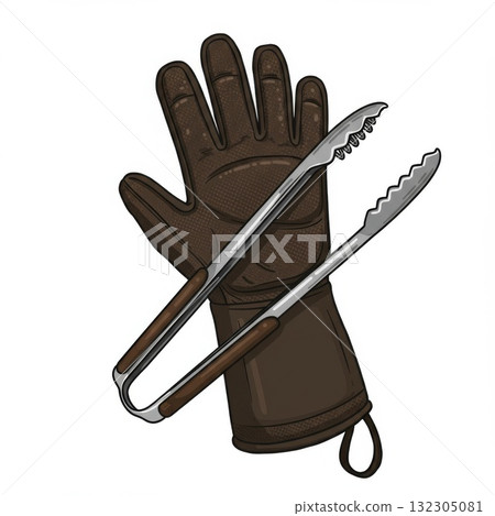 Brown Leather Grilling Glove and Metal Tongs 132305081