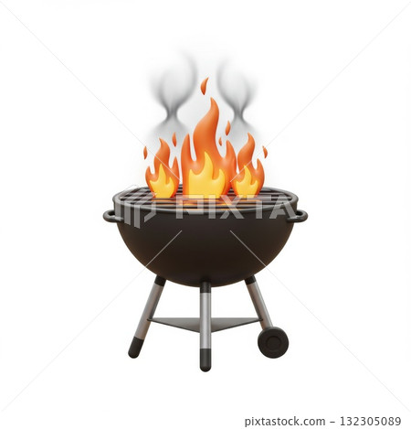 Black Metal Grill with Bright Orange Flames and Smoke 132305089