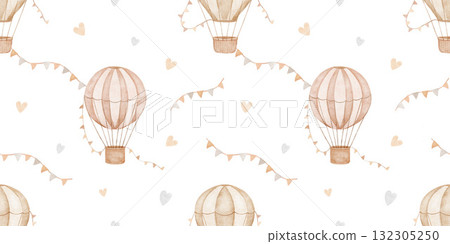 Seamless watercolor pattern with hot air balloon and flags garland, hand drawn repeating background on beige neutral colors Seamless watercolor pattern with hot air balloon and flags garland, hand drawn repeating background on beige neutral colors 132305250