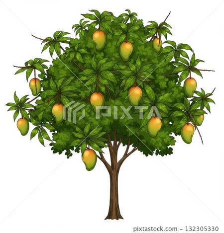 Ripe Mangoes on a Lush Green Tree 132305330